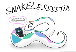 Size: 1184x816 | Tagged: safe, artist:banebuster, derpibooru import, princess celestia, queen chrysalis, mouse, snake, series:tiny tia, simple background, snakelestia, species swap, speech bubble, tongue, tongue out, white background