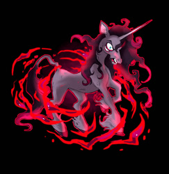 Size: 1024x1055 | Tagged: safe, artist:tuherrus, derpibooru import, oleander, classical unicorn, unicorn, them's fightin' herds, angry, black background, cloven hooves, community related, dark magic, female, four eyes, leonine tail, magic, nightmare fuel, open mouth, simple background, solo, unshorn fetlocks