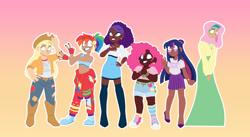 Size: 3372x1842 | Tagged: safe, artist:connorbal, derpibooru import, applejack, fluttershy, pinkie pie, rainbow dash, rarity, twilight sparkle, human, bisexual pride flag, clothes, gay pride flag, glasses, hijab, humanized, islam, islamashy, lesbian pride flag, mane six, pride, pride flag, religion, skirt