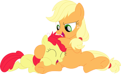 Size: 3500x2138 | Tagged: safe, artist:porygon2z, derpibooru import, apple bloom, applejack, earth pony, pony, adorabloom, cute, duo, duo female, eyes closed, female, hatless, laughing, missing accessory, noogie, open mouth, sibling love, simple background, sisterly love, transparent background, vector