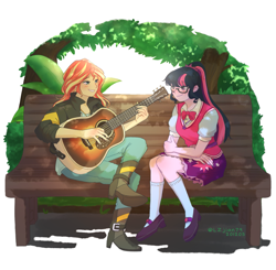 Size: 1409x1380 | Tagged: safe, artist:lzjian79, derpibooru import, sci-twi, sunset shimmer, twilight sparkle, equestria girls, bench, boots, clothes, crossed legs, duo, female, glasses, guitar, lesbian, musical instrument, scitwishimmer, shipping, shoes, sitting, socks, sunsetsparkle