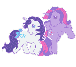 Size: 555x495 | Tagged: dead source, safe, artist:marco albiero, derpibooru import, rarity, twilight sparkle, twilight sparkle (alicorn), alicorn, pony, unicorn, g1, bow, duo, duo female, duo focus, female, female focus, females only, g4 to g1, generation leap, simple background, solo focus, spread wings, tail bow, transparent background, vector, white outline, wings