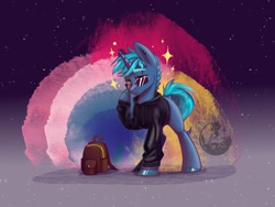 Size: 1920x1440 | Tagged: safe, artist:alrumoon.art, derpibooru import, oc, oc only, pony, unicorn, backpack, clothes, hoodie, solo, sparkles, sunglasses