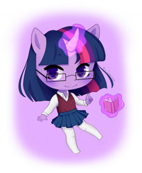 Size: 1296x1579 | Tagged: safe, artist:misssqueorge, derpibooru import, twilight sparkle, unicorn twilight, anthro, unicorn, book, clothes, colored pupils, cute, female, glasses, looking at you, magic, pleated skirt, skirt, solo, stockings, sweater vest, telekinesis, thigh highs, twiabetes