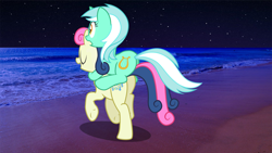 Size: 1366x768 | Tagged: safe, artist:mundschenk85, derpibooru import, edit, bon bon, lyra heartstrings, sweetie drops, earth pony, pony, unicorn, beach, eyes closed, female, lyra riding bon bon, lyrabon, night, open mouth, ponies riding ponies, riding, shipping, smiling, starry sky, stars, underhoof