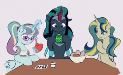 Size: 3112x1908 | Tagged: safe, artist:drafthoof, derpibooru import, carrot top, cloudy quartz, derpy hooves, golden harvest, king sombra, mayor mare, minuette, nightmare moon, posey shy, queen chrysalis, queen umbra, twilight velvet, windy whistles, oc, oc only, oc:earthing elements, oc:empress sacer malum, oc:queen fresh care, alicorn, changeling, changeling queen, pony, alicorn oc, alicorn princess, bowl, changeling oc, changeling queen oc, collar, commission, commissioner:bigonionbean, curious, easter, easter egg, egg, female, fusion, fusion:earthing elements, fusion:empress sacer malum, fusion:queen fresh care, glasses, high res, holiday, horn, jewelry, levitation, magic, mare, painting, regalia, royalty, rule 63, table, telekinesis, wings, writer:bigonionbean
