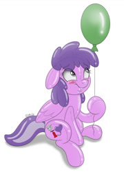 Size: 900x1248 | Tagged: safe, artist:littlehybridshila, oc, oc only, oc:sweetsqueaks, inflatable pony, original species, pegasus, pony, air nozzle, balloon, blushing, female, hoof hold, inflatable, latex, latex pony, party balloon, pool toy, simple background, sitting, solo, white background