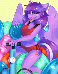 Size: 1002x1280 | Tagged: safe, artist:amethystdust, oc, oc:sweetsqueaks, anthro, pegasus, air pump, female, inflatable toy, latex, looking at you, mare, one eye closed, simple background, solo, sports bra, sports outfit, sports panties, tongue, tongue out, wink, winking at you, yellow background