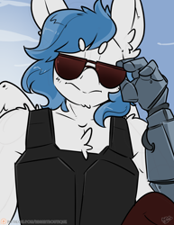 Size: 2550x3300 | Tagged: safe, artist:bbsartboutique, oc, oc only, oc:delta dart, anthro, hippogriff, bionic arm, clothes, cyberpunk 2077, hippogriff oc, johnny silverhand, patreon reward, sunglasses