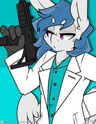 Size: 2550x3300 | Tagged: safe, artist:bbsartboutique, oc, oc only, oc:delta dart, hippogriff, 1980's, clothes, gun, hippogriff oc, patreon logo, patreon reward, submachinegun, suit, talons, uzi