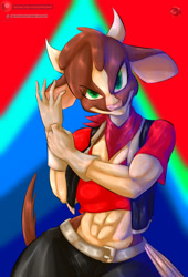 Size: 1066x1564 | Tagged: safe, artist:project00wolfen, arizona cow, anthro, them's fightin' herds, abs, abstract background, belt, clothes, female, gloves, lasso, midriff, muscles, muscular female, neckerchief, pants, rope, shirt, smiling, smirk, solo, vest