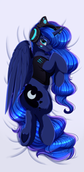 Size: 3040x6161 | Tagged: safe, artist:pridark, princess luna, alicorn, pony, absurd resolution, beautiful, blushing, chest fluff, clothes, dakimakura cover, female, fluffy, frog (hoof), gamer luna, headphones, looking at you, mare, monster energy, solo, underhoof