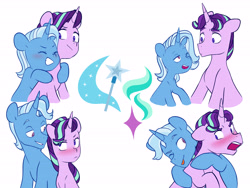 Size: 6000x4500 | Tagged: safe, artist:chub-wub, derpibooru import, starlight glimmer, stellar gleam, tristan, trixie, pony, unicorn, absurd resolution, blushing, female, gay, half r63 shipping, lesbian, male, mare, rule 63, shipping, simple background, stallion, startrist, startrix, straight, tristgleam, trixgleam, white background