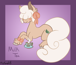 Size: 1750x1500 | Tagged: safe, artist:misskanabelle, derpibooru import, oc, oc only, earth pony, pony, abstract background, cup, earth pony oc, female, hair over eyes, lying down, mare, prone, signature, teacup, unshorn fetlocks