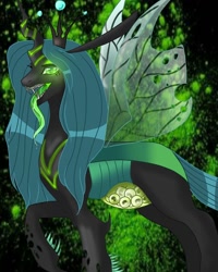Size: 768x960 | Tagged: safe, artist:_goddesskatie_, derpibooru import, queen chrysalis, changeling, changeling queen, egg, eyelashes, fangs, female, internal, open mouth, pregnant, raised hoof, raised leg, solo, tongue, tongue out