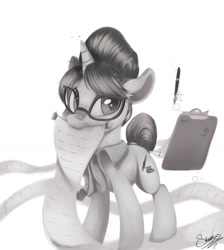 Size: 1024x1144 | Tagged: safe, artist:sketchiix3, derpibooru import, raven, pony, unicorn, checklist, clipboard, fountain pen, glasses, grayscale, hair bun, looking at you, monochrome, necktie, scroll, secretary, simple background, white background