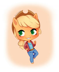 Size: 1296x1579 | Tagged: safe, artist:misssqueorge, derpibooru import, applejack, anthro, earth pony, applejack's hat, chibi, clothes, cowboy hat, cute, grin, hat, jackabetes, jeans, pants, shirt, signature, simple background, smiling, solo