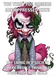 Size: 553x767 | Tagged: safe, artist:miszasta, derpibooru import, pinkie pie, earth pony, pony, bronies rise up, caption, female, image macro, mare, simple background, solo, text, the joker, we live in a society, white background