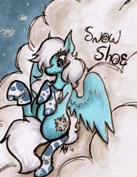 Size: 472x608 | Tagged: safe, artist:supah-panda, derpibooru import, oc, oc only, oc:snowshoe, pegasus, pony, clothes, cloud, female, lying down, lying on a cloud, mare, on a cloud, socks, solo, traditional art