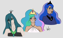 Size: 2176x1311 | Tagged: safe, artist:dancingmylifeaway, derpibooru import, princess celestia, princess luna, queen chrysalis, human, black lipstick, crown, humanized, jewelry, lipstick, no shading, regalia, simple background