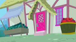 Size: 1280x720 | Tagged: safe, derpibooru import, screencap, bridle gossip, season 1, apple, background, food, no pony, ponyville, scenic ponyville, watermelon