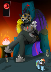 Size: 1920x2702 | Tagged: safe, artist:cactuscowboydan, derpibooru import, rainbow dash, oc, oc:fallenlight, alicorn, anthro, bat pony, bat pony alicorn, pegasus, pony, bad end, bat wings, bondage, bound wings, chains, collar, evil, evil grin, fire, gag, gauntlet, grin, horn, macro, mlpcam, muzzle, muzzle gag, red star, sitting, slavery, smiling, throne, throne room, villainess, wings