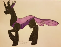 Size: 3718x2920 | Tagged: safe, artist:agdapl, derpibooru import, changedling, changeling, changedlingified, crossover, female, miss pauling, purple changeling, signature, solo, species swap, team fortress 2, traditional art