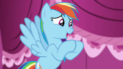 Size: 1920x1080 | Tagged: safe, derpibooru import, screencap, rainbow dash, pegasus, pony, season 6, the saddle row review, female, mare, open mouth, solo