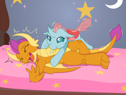 Size: 3000x2250 | Tagged: safe, artist:yipthecoyotepup, derpibooru import, ocellus, smolder, changedling, changeling, dragon, bed, cute, dragoness, emanata, eyes closed, female, laughing, on bed, open mouth, raspberry, spittle, tickling, tummy buzz