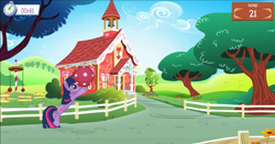 Size: 1906x996 | Tagged: safe, derpibooru import, twilight sparkle, unicorn twilight, pony, unicorn, app, ball, clock, game, gameloft, jumping, minigame, mobile game, ponyville schoolhouse, sparkles, stopwatch