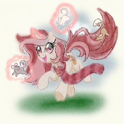 Size: 1080x1080 | Tagged: safe, artist:jen-neigh, derpibooru import, oc, oc:red palette, rat, unicorn, clothes, cute, frolic, horn, magic, pet rat, red, scarf, sketch, smiling, unicorn oc