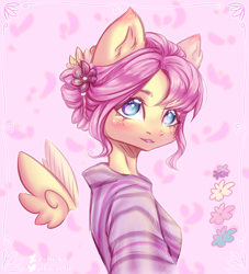 Size: 2156x2372 | Tagged: safe, artist:zefirka, derpibooru import, fluttershy, anthro, pegasus, alternate hairstyle, breasts, clothes, cute, ear fluff, ears, female, floating wings, looking at you, mare, shyabetes, side view, wings