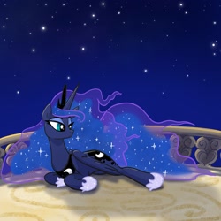 Size: 2048x2048 | Tagged: safe, artist:pfeffaroo, derpibooru import, princess luna, alicorn, pony, balcony, female, high res, looking away, lying down, mare, night, outdoors, solo, wings