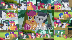 Size: 1280x722 | Tagged: safe, derpibooru import, edit, edited screencap, editor:quoterific, screencap, apple bloom, kettle corn, pipsqueak, rumble, scootaloo, skeedaddle, sweetie belle, thunderlane, earth pony, pegasus, pony, unicorn, marks and recreation, season 7, bipedal, collage, cutie mark crusaders, duo, female, helmet, male, rumbloo, shipping, straight