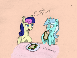 Size: 1500x1125 | Tagged: safe, artist:lef-fa, derpibooru import, bon bon, lyra heartstrings, sweetie drops, earth pony, pony, unicorn, female, flower, food, lesbian, lyrabon, sandwich, shipping