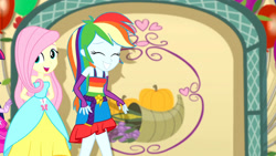 Size: 3410x1920 | Tagged: safe, derpibooru import, screencap, fluttershy, rainbow dash, twilight sparkle, a photo booth story, eqg summertime shorts, equestria girls, bare shoulders, belt, clothes, cute, cutie mark, cutie mark on clothes, dashabetes, eyes closed, fall formal outfits, female, grin, offscreen character, open mouth, shyabetes, sleeveless, smiling, strapless