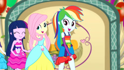 Size: 3410x1920 | Tagged: safe, derpibooru import, screencap, fluttershy, rainbow dash, rarity, twilight sparkle, a photo booth story, eqg summertime shorts, equestria girls, bare shoulders, belt, bracelet, clothes, cute, cutie mark, cutie mark on clothes, dashabetes, eyes closed, fall formal outfits, female, grin, jewelry, offscreen character, open mouth, shyabetes, sleeveless, smiling, strapless, twiabetes