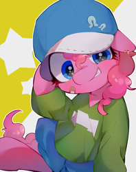 Size: 1105x1396 | Tagged: safe, artist:lexiedraw, derpibooru import, pinkie pie, earth pony, pony, bandaid, baseball cap, cap, clothes, cute, diapinkes, female, hat, mare, ponk, smiling, solo