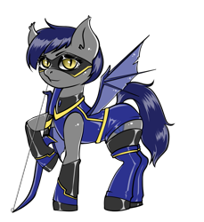 Size: 951x1040 | Tagged: safe, artist:leastways, derpibooru import, oc, oc only, oc:lapis, oc:sapphire the crystal archer, bat pony, bat pony oc, bow, bow (weapon), commission, simple background, sketch, solo, superhero, superhero costume, transparent background