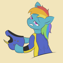 Size: 1080x1081 | Tagged: safe, artist:hayai, derpibooru import, rainbow dash, pegasus, pony, angry, clothes, female, helmet, lidded eyes, looking at you, mare, motocross outfit, simple background, solo, yellow background