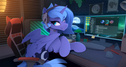 Size: 2540x1362 | Tagged: safe, artist:yakovlev-vad, derpibooru import, princess luna, alicorn, pony, chair, computer, computer chair, computer monitor, computer screen, discord (program), eye clipping through hair, female, gamer luna, hair over one eye, headset, horn, lip bite, looking at you, looking back, looking back at you, looking over shoulder, mare, open mouth, rear view, s1 luna, solo, wings
