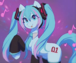 Size: 1634x1365 | Tagged: safe, artist:orchidpony, derpibooru import, earth pony, pony, :p, abstract background, anime, female, hatsune miku, headphones, kotobukiya, kotobukiya hatsune miku pony, legwear, mare, music notes, necktie, pigtails, ponified, solo, tongue, tongue out, vocaloid