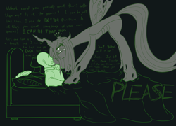 Size: 1665x1202 | Tagged: safe, artist:nonamenymous, derpibooru import, queen chrysalis, oc, oc:anon, changeling, human, angry, bedroom, begging, crying, dark background, scared, yandere