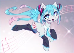 Size: 4096x2926 | Tagged: safe, artist:vincher, derpibooru import, earth pony, pony, anime, clothes, hatsune miku, headset, looking at you, music notes, necktie, ponified, sketch, smiling, solo, vocaloid
