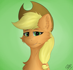 Size: 2938x2829 | Tagged: safe, artist:flapstune, derpibooru import, applejack, earth pony, pony, applejack's hat, bust, cheek fluff, chest fluff, clothes, cowboy hat, ear fluff, ears, female, fluffy, green background, hat, looking at you, mare, signature, simple background, smiling, solo