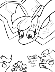 Size: 3000x3904 | Tagged: safe, artist:tjpones, derpibooru import, apple bloom, applejack, scootaloo, sweetie belle, earth pony, pegasus, pony, unicorn, black and white, cutie mark crusaders, female, filly, grayscale, high res, impossibly long neck, lineart, long neck, looking up, mare, monochrome, not salmon, simple background, wat, white background