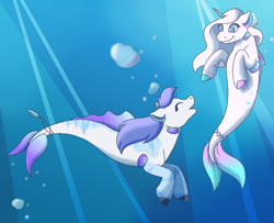 Size: 2646x2153 | Tagged: safe, artist:cup-of-chai, derpibooru import, oc, oc only, hybrid, merpony, pony, seapony (g4), unicorn, blue eyes, bubble, eyes closed, fish tail, flowing mane, horn, looking at each other, open mouth, seaponified, seashell, smiling, species swap, swimming, tail, underwater