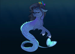 Size: 2898x2070 | Tagged: safe, artist:littlewhispurr, derpibooru import, oc, oc only, hybrid, merpony, seapony (g4), auction, blue background, crepuscular rays, eyes closed, feather, female, fish tail, ocean, signature, simple background, smiling, solo, tail, underwater, water