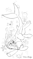 Size: 554x1000 | Tagged: safe, artist:viva-indigo, derpibooru import, oc, oc only, hybrid, original species, shark, shark pony, bubble, commission, fish tail, flowing mane, looking up, open mouth, signature, simple background, smiling, solo, starfish, swimming, tail, underwater, water, white background