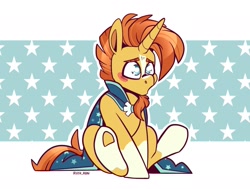 Size: 1965x1486 | Tagged: safe, artist:lrusu, derpibooru import, sunburst, pony, unicorn, blushing, coat markings, male, missing accessory, sitting, socks (coat marking), solo, stallion, underhoof